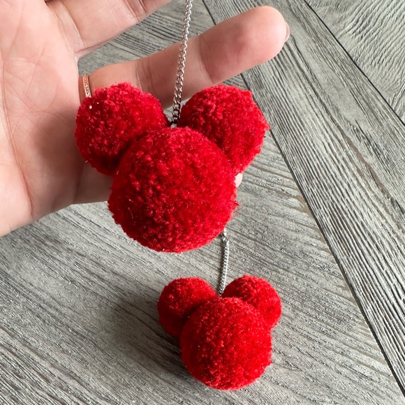 Disney Handmade Red w/ Sparkles Thread Pom Pom Mickey silhouette earrings - Picture 4 of 4